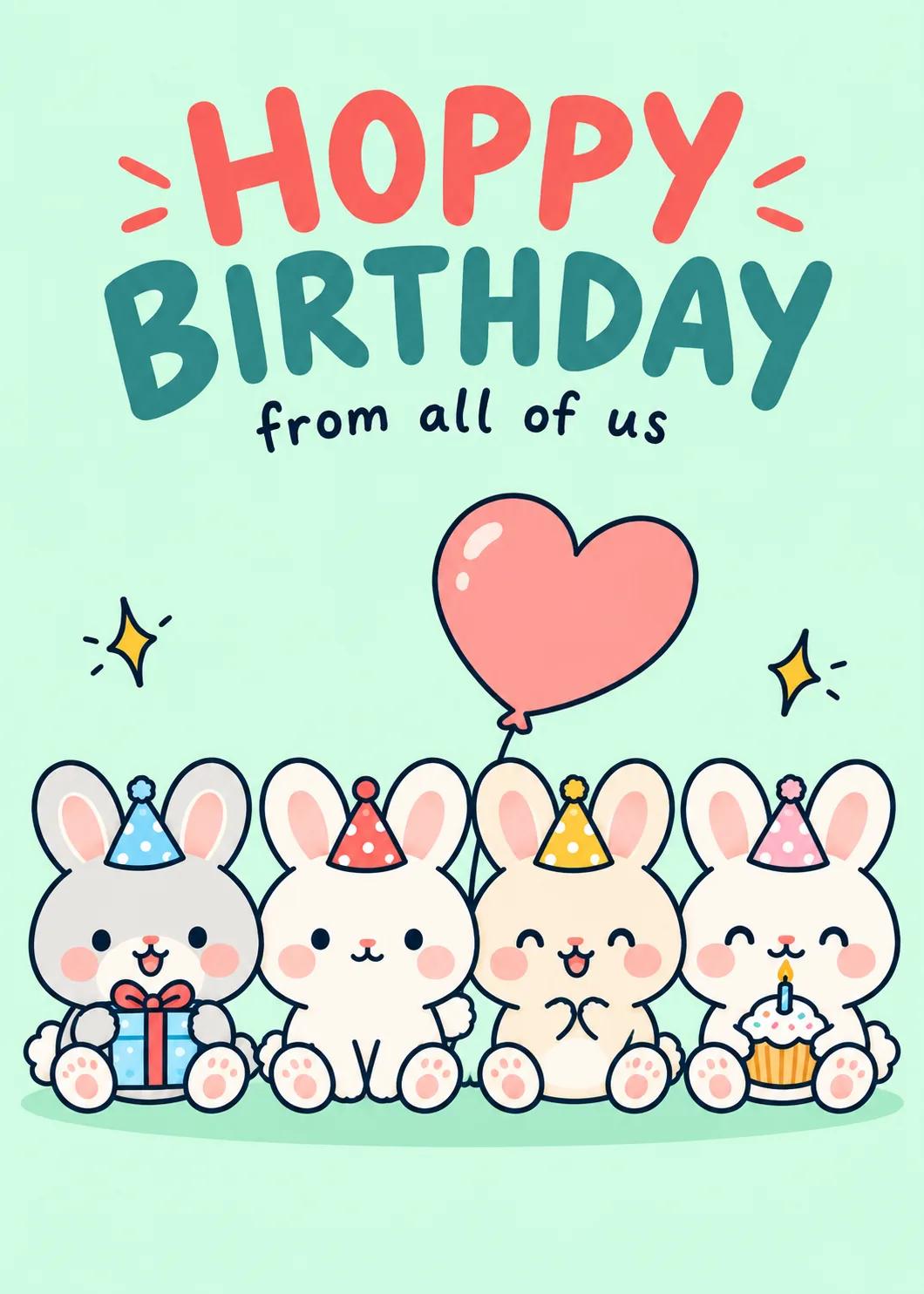 Four white bunnies in party hats with a heart balloon on mint green under Hoppy Birthday from all of us Four white bunnies in party hats with a heart balloon on mint green under Hoppy Birthday from all of us