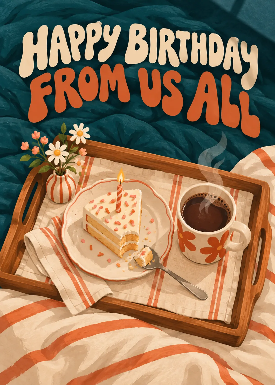 Retro illustrated tray of birthday cake and coffee on striped sheets with happy birthday from us all lettering