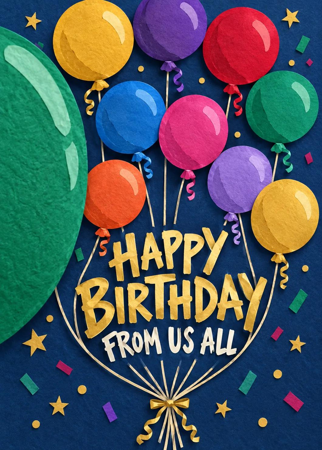 Happy Birthday from us all in gold letters under a bunch of colorful paper-cut balloons on navy