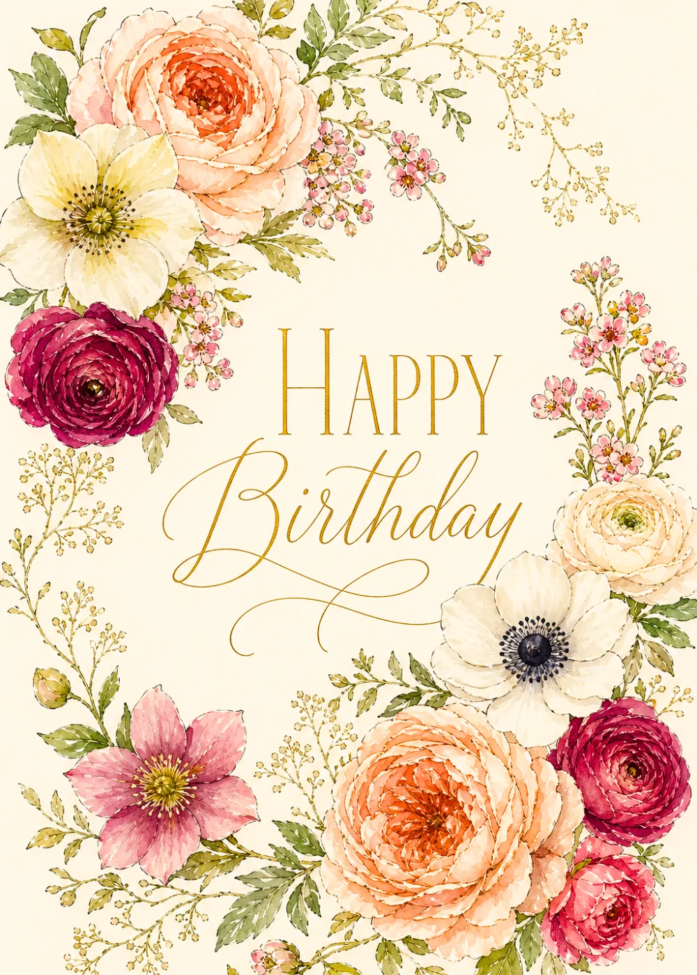 Gold Happy Birthday script framed by vintage ranunculus, anemones and roses on cream