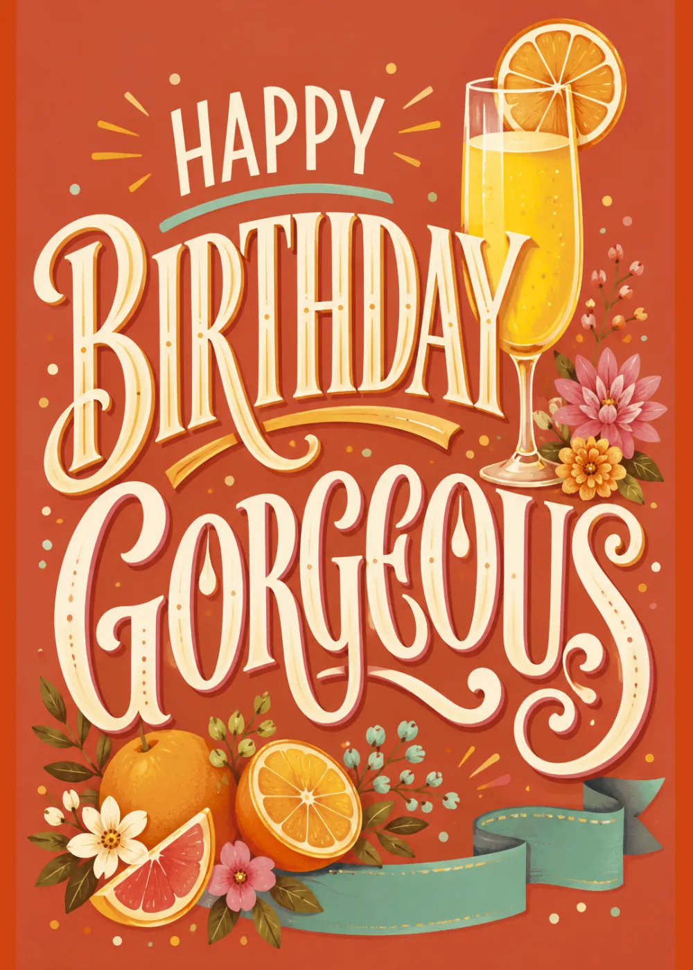 Mimosa flute with orange slices and blooms beside cream Happy Birthday Gorgeous lettering