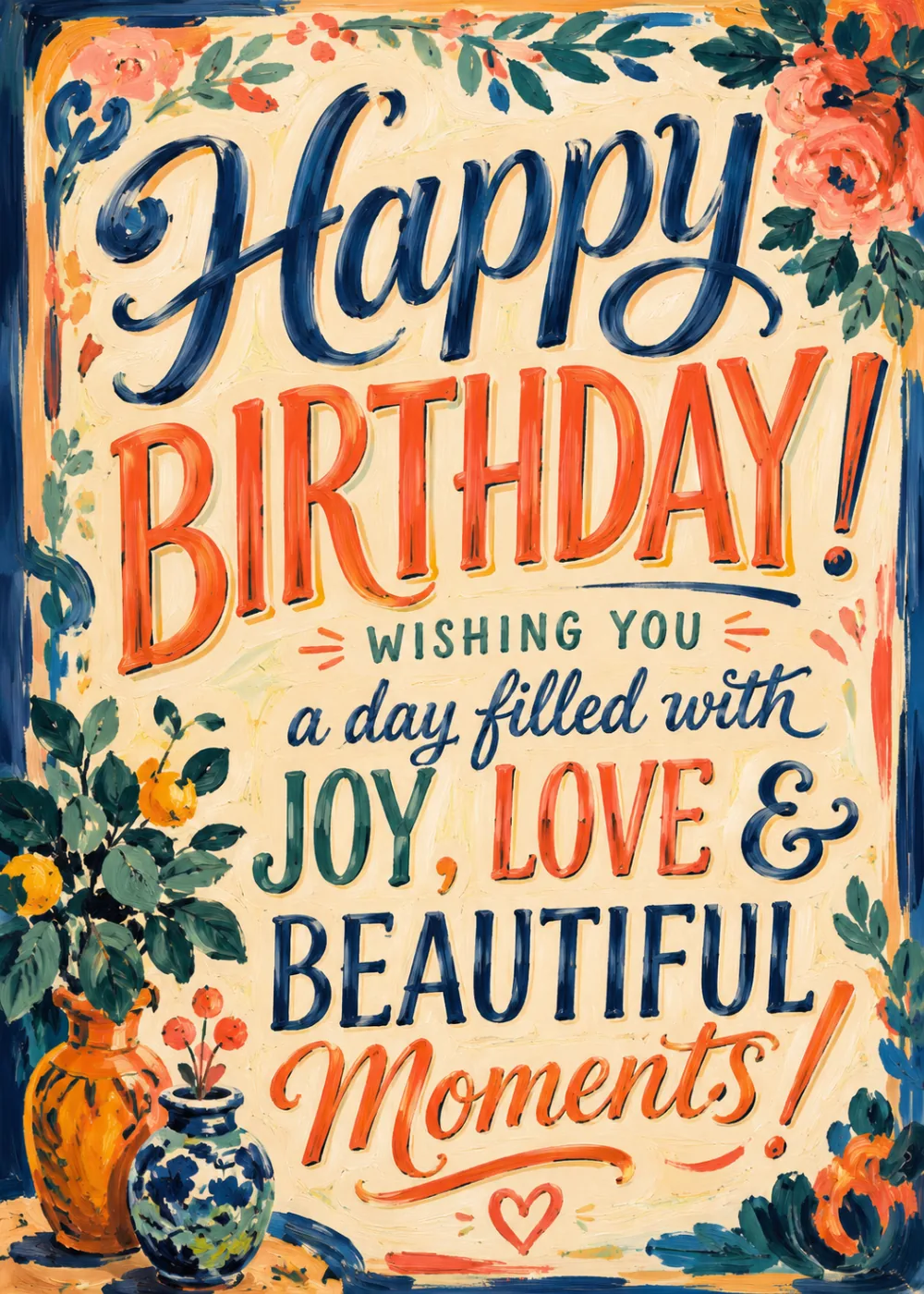 Hand-lettered Happy Birthday card with colorful painted typography and a floral corner vase
