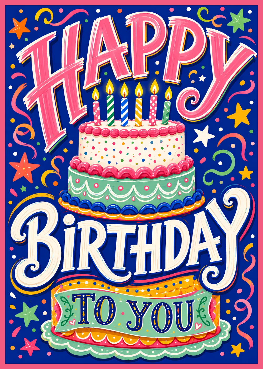 Tiered birthday cake with lit candles and confetti on deep blue with bold pink lettering