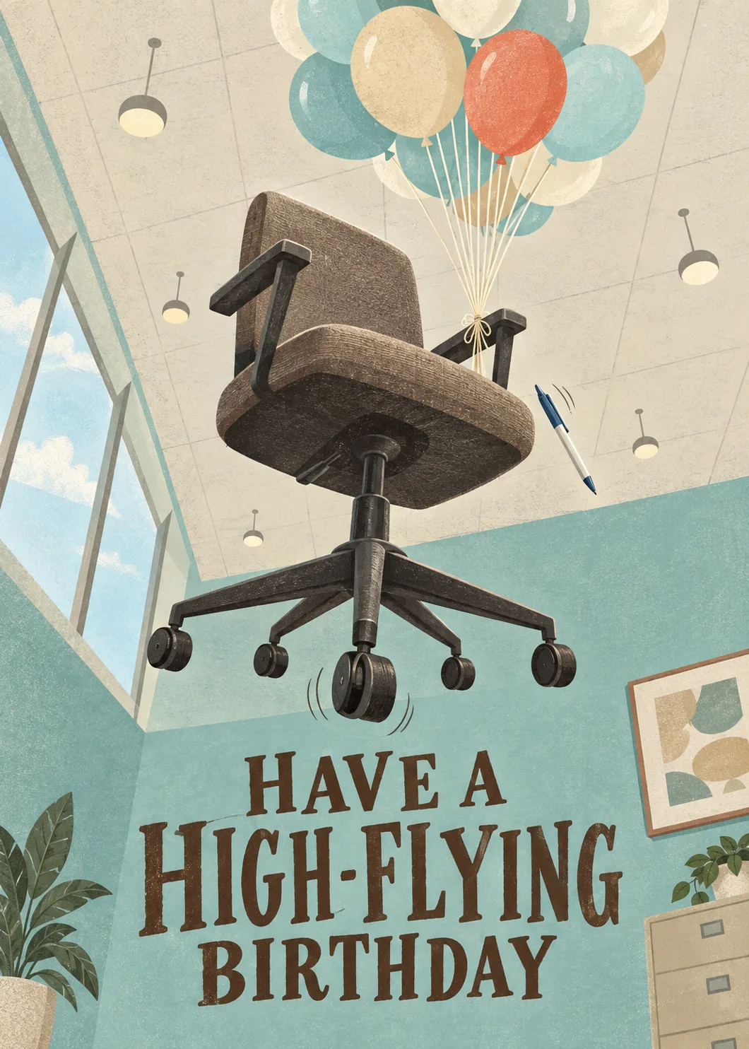 Birthday card with an office chair floating on a bunch of teal, cream and red balloons in an office, brown lettering