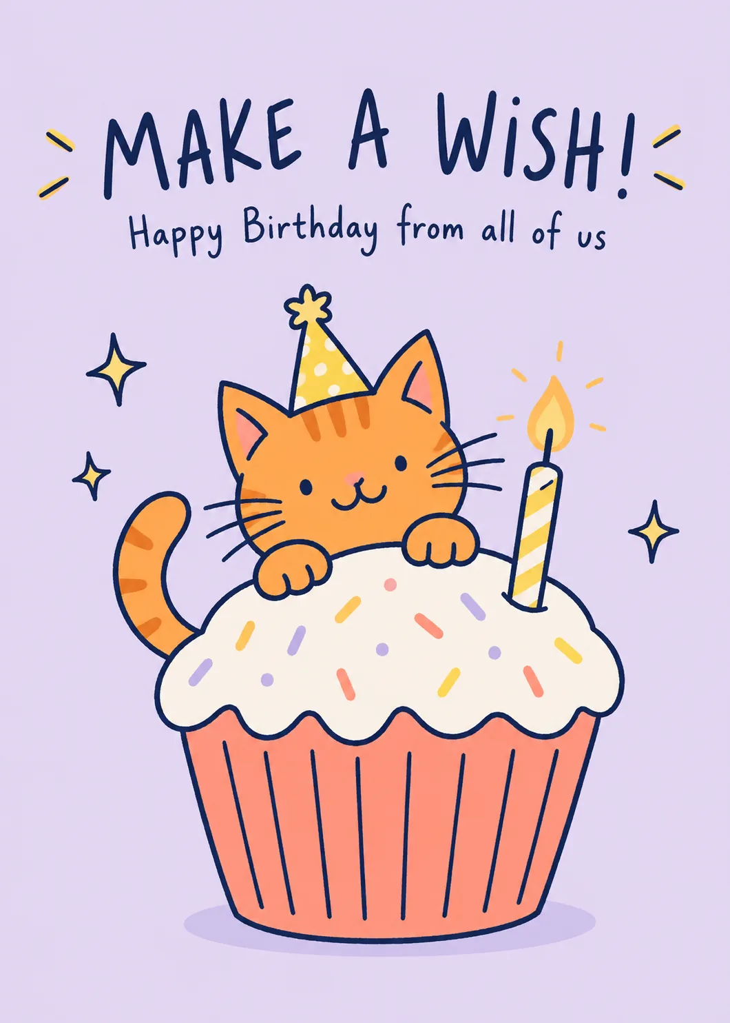 Orange cat sitting on a frosted cupcake with a lit candle on lavender with Make a Wish text Orange cat sitting on a frosted cupcake with a lit candle on lavender with Make a Wish text