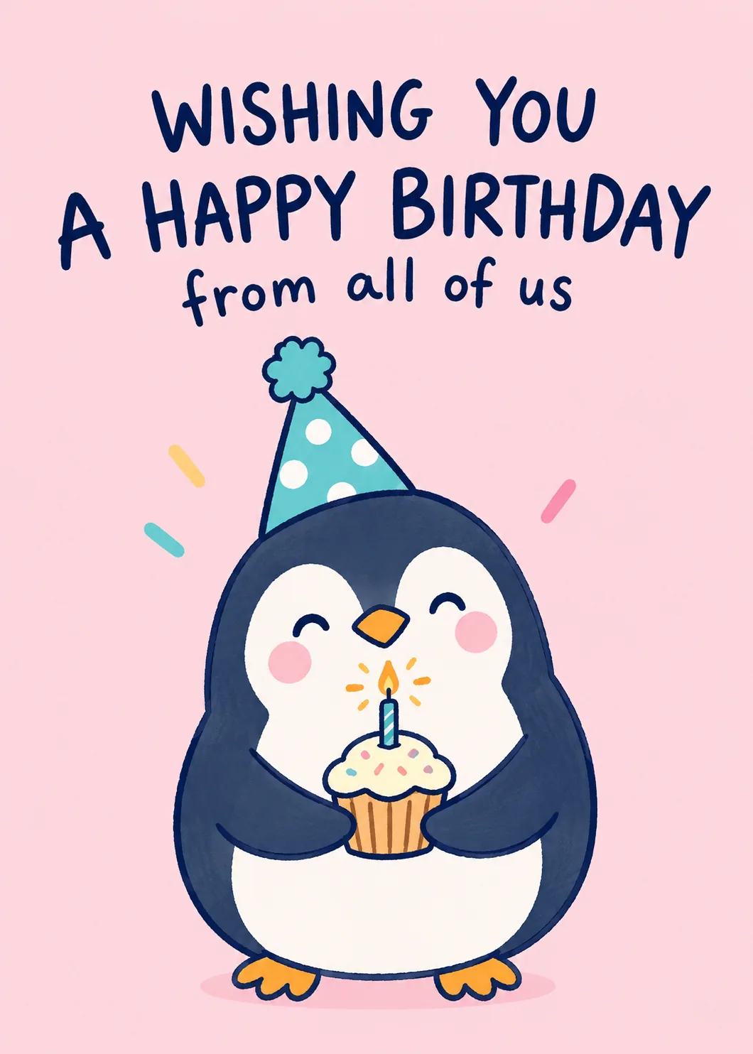 Penguin wearing a blue party hat holding a cupcake with a candle on pink with birthday wishes text Penguin wearing a blue party hat holding a cupcake with a candle on pink with birthday wishes text