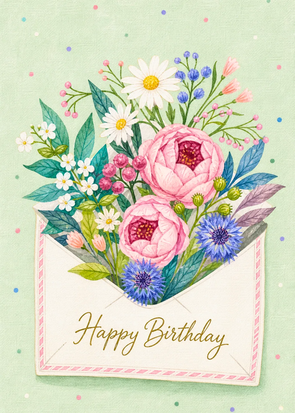 Peonies, daisies and cornflowers spilling from a striped envelope on mint with gold script