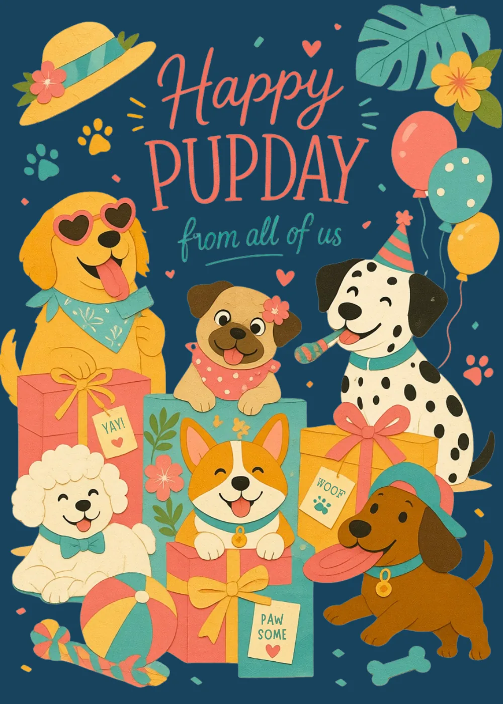 Party dogs in birthday hats with gifts on a dark navy background, happy pupday birthday group card