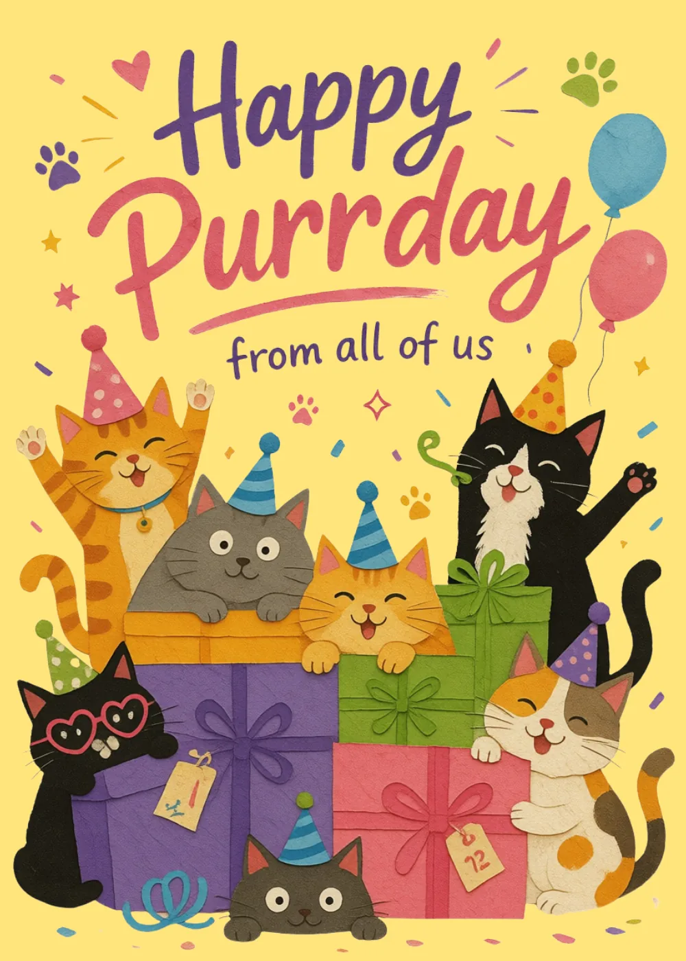 Party cats in birthday hats with colorful gifts and balloons, happy purrday birthday group card