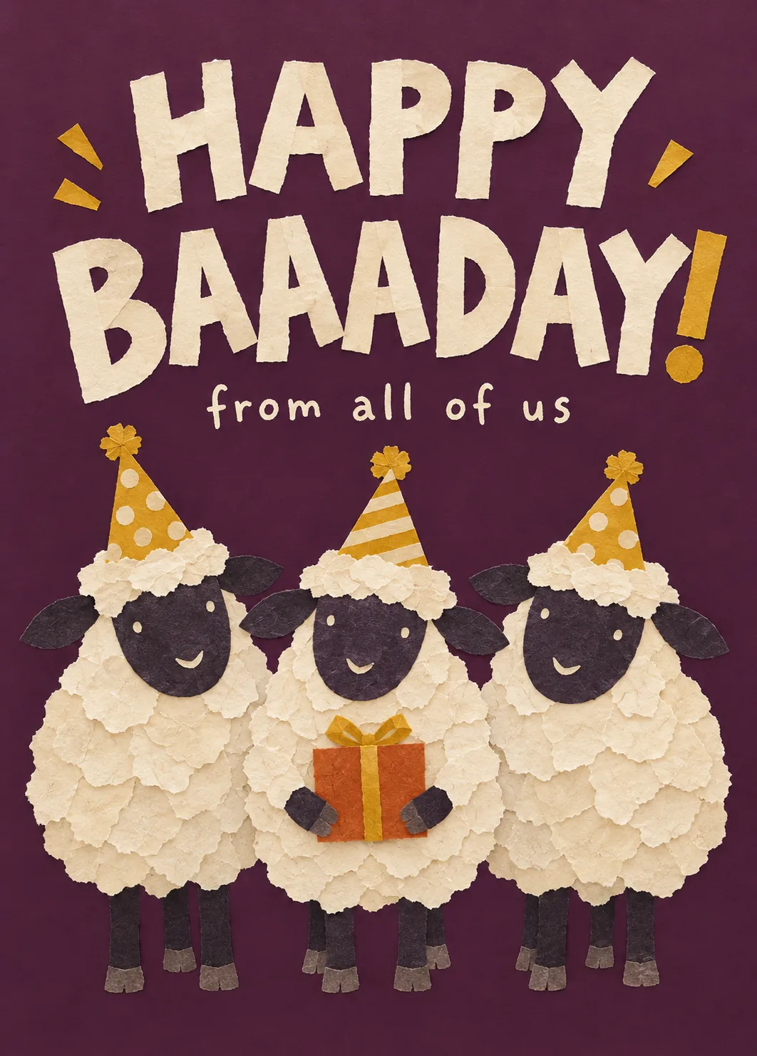 Three fluffy cut-paper sheep in party hats with a gift on plum under Happy Baaaday from all of us Three fluffy cut-paper sheep in party hats with a gift on plum under Happy Baaaday from all of us