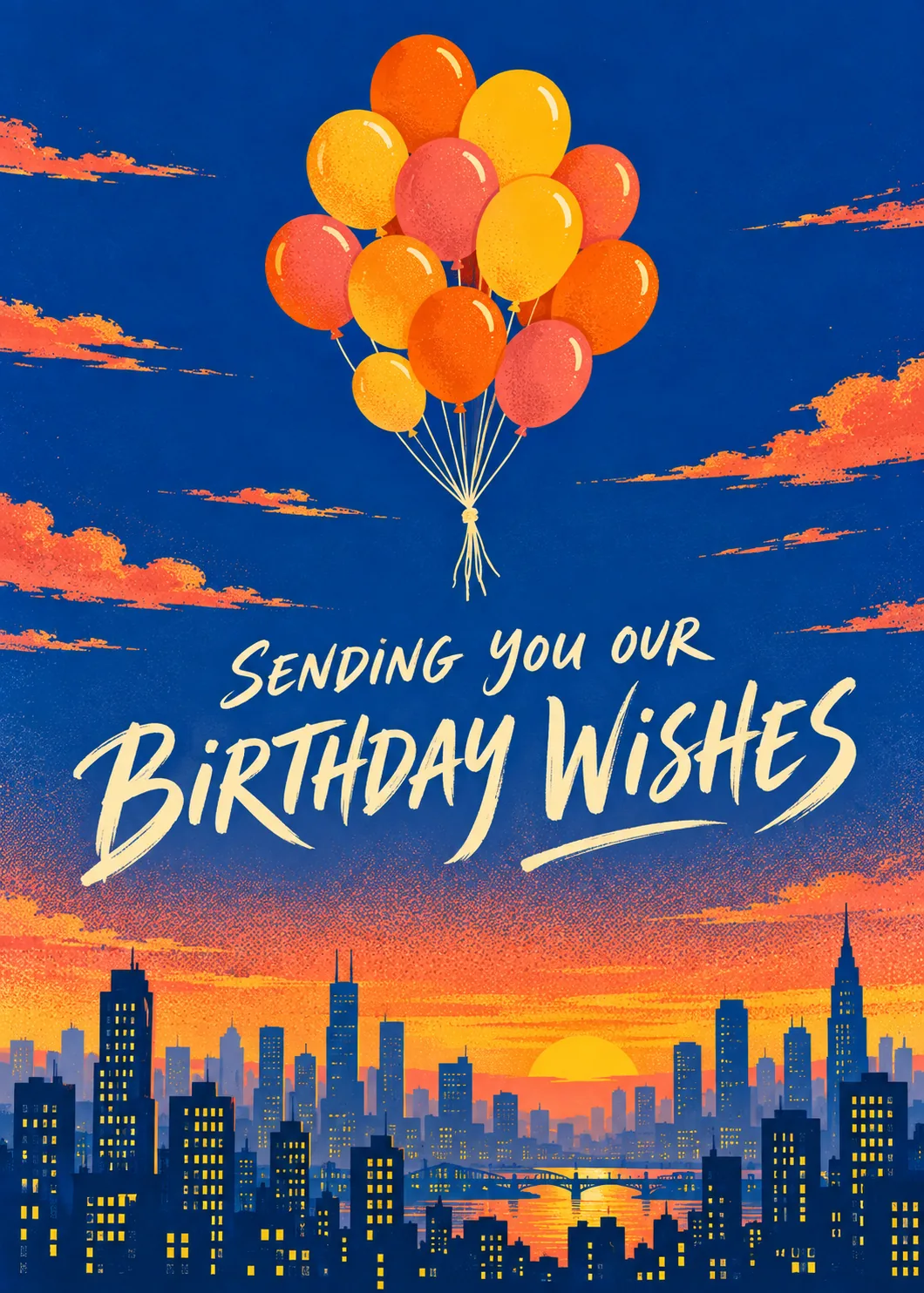 Balloons float over a sunset city skyline with Sending you our Birthday Wishes in cream brush script Balloons float over a sunset city skyline with Sending you our Birthday Wishes in cream brush script