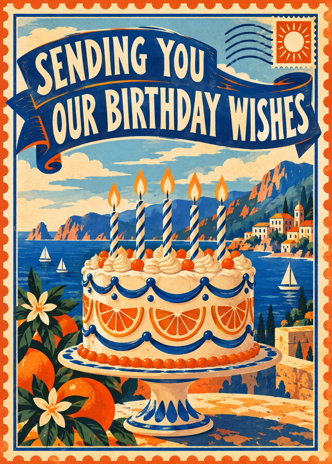 Vintage seaside postcard with birthday cake, candles and Mediterranean view reading sending you our birthday wishes