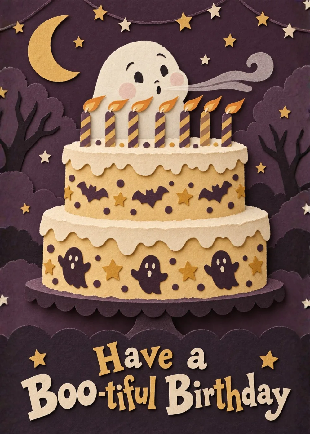Tiered birthday cake with a friendly ghost, bats and moon on purple reading have a boo-tiful birthday Tiered birthday cake with a friendly ghost, bats and moon on purple reading have a boo-tiful birthday