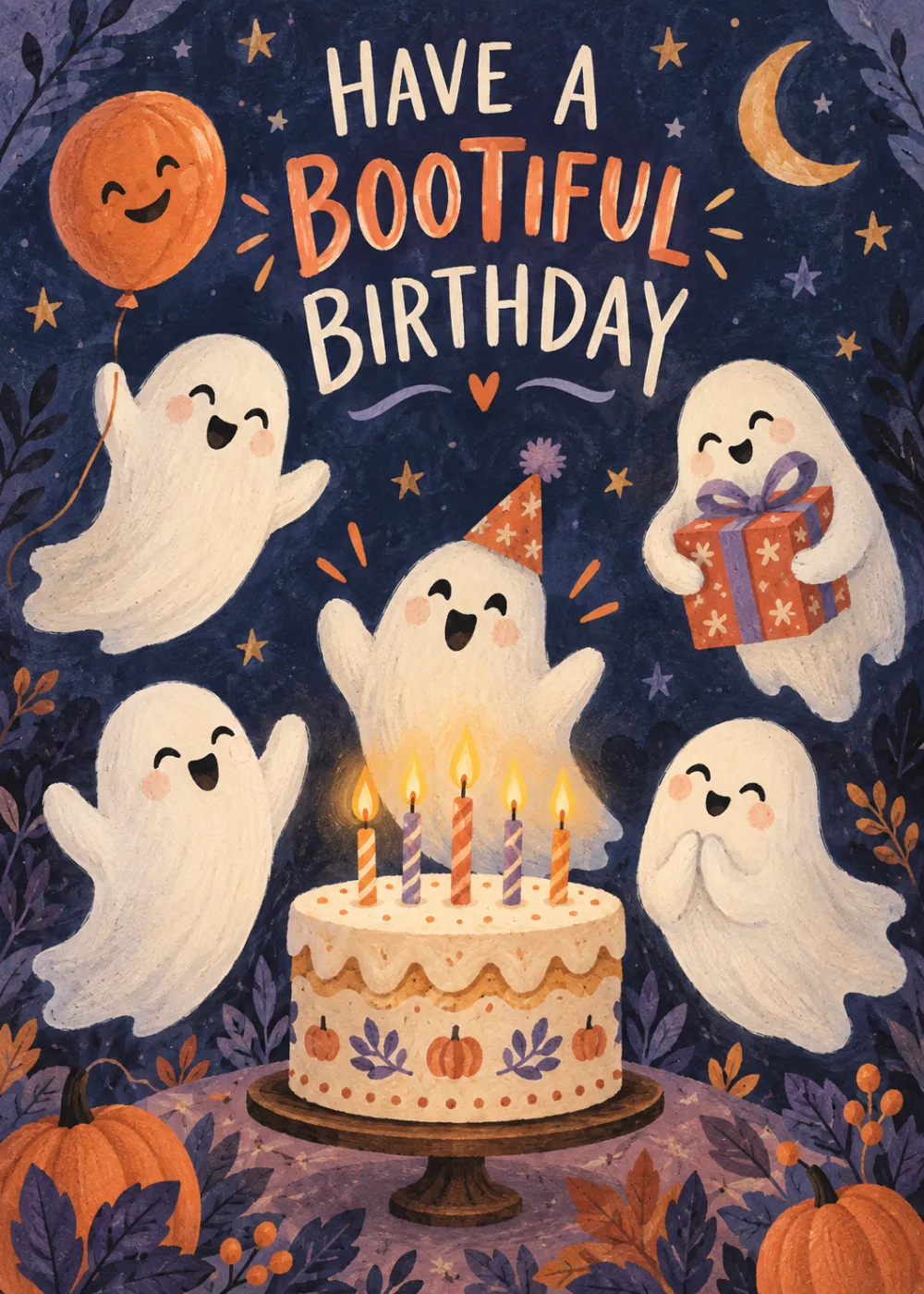 Cheerful ghosts around a lit birthday cake on navy sky with pumpkins and text have a bootiful birthday Cheerful ghosts around a lit birthday cake on navy sky with pumpkins and text have a bootiful birthday
