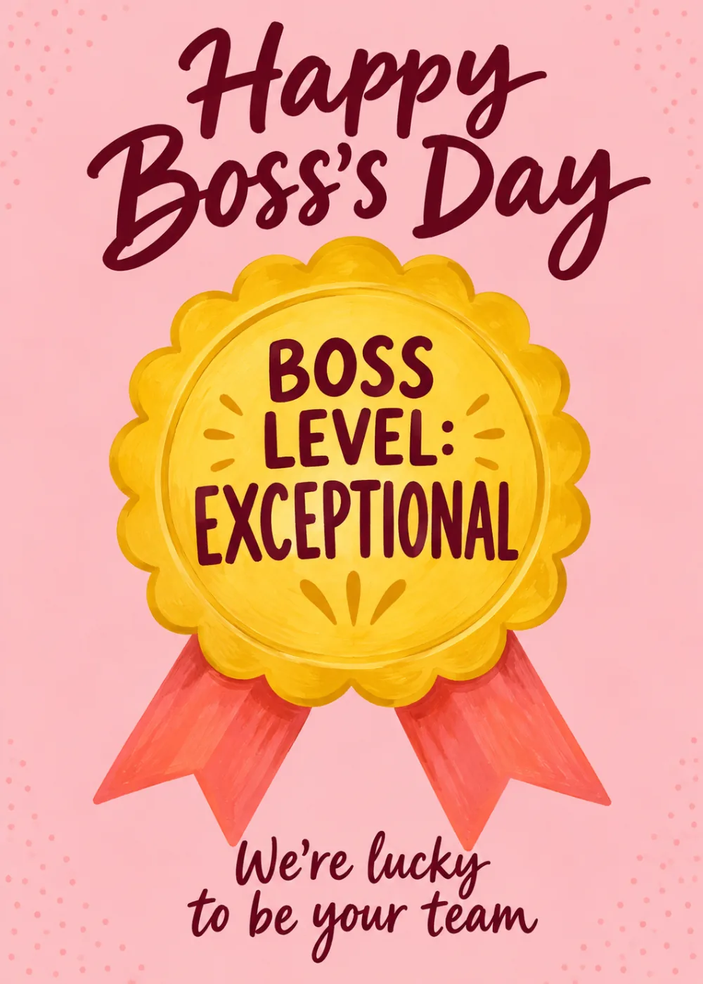 Pink Boss's Day card with a gold award rosette reading Boss Level Exceptional and handwritten script