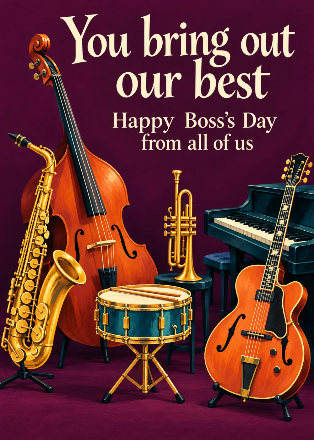 Boss's Day card with sax, upright bass, drums, trumpet, piano and guitar on plum, text You bring out our best Boss's Day card with sax, upright bass, drums, trumpet, piano and guitar on plum, text You bring out our best
