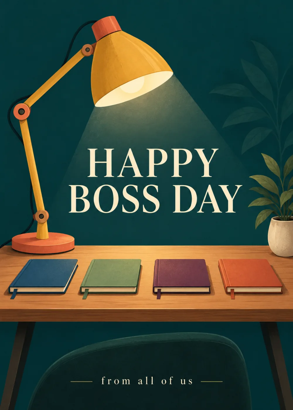 Teal Boss's Day card with a glowing yellow desk lamp over a row of books and a leafy plant Teal Boss's Day card with a glowing yellow desk lamp over a row of books and a leafy plant