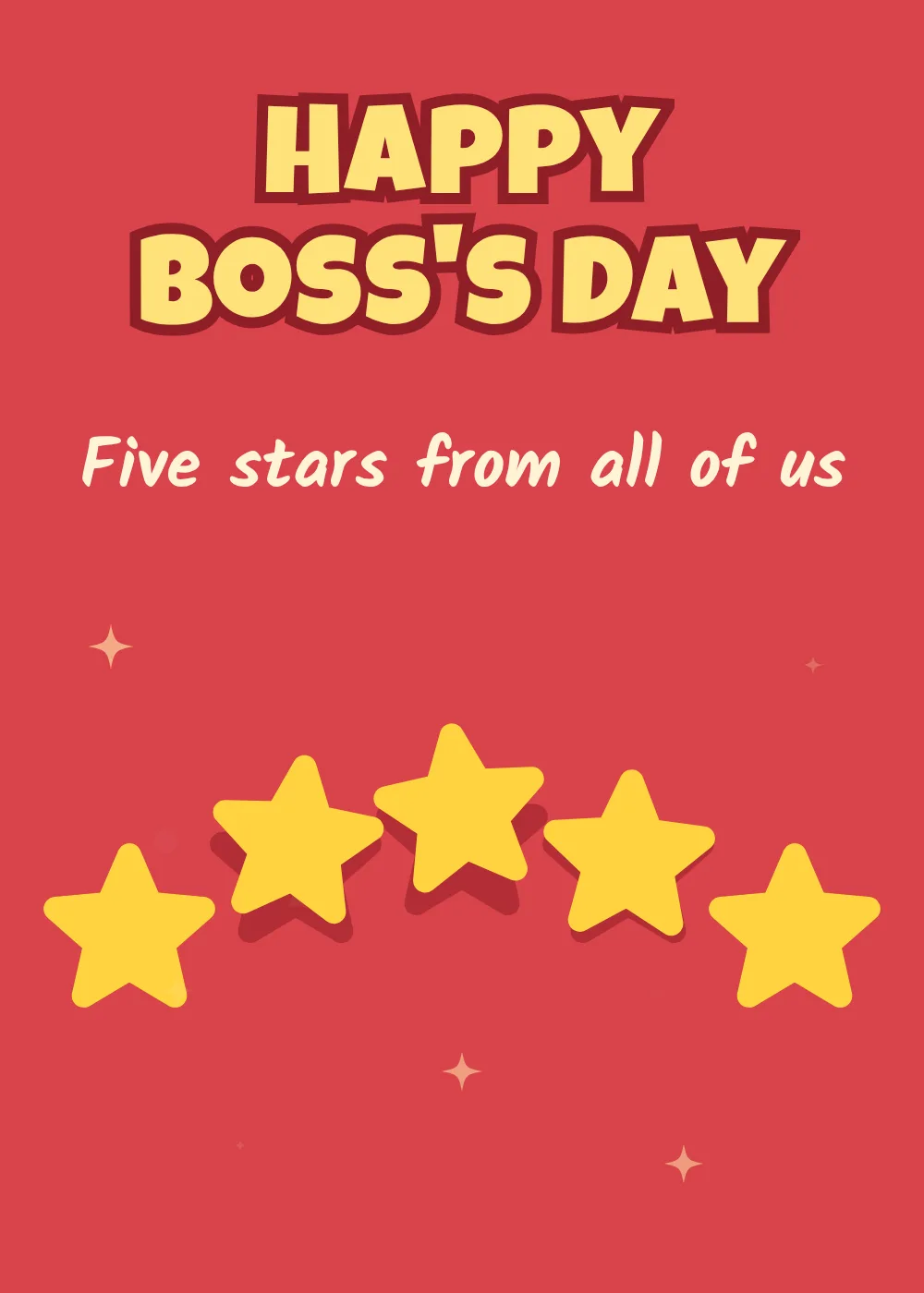 Animated row of five gold stars on bold red under Happy Boss's Day Five stars from all of us