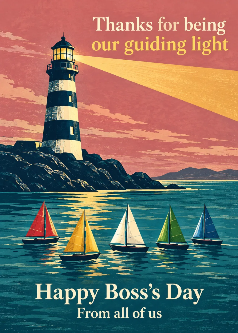 Retro poster style Boss's Day card with a striped lighthouse beam over colorful sailboats at sunset Retro poster style Boss's Day card with a striped lighthouse beam over colorful sailboats at sunset