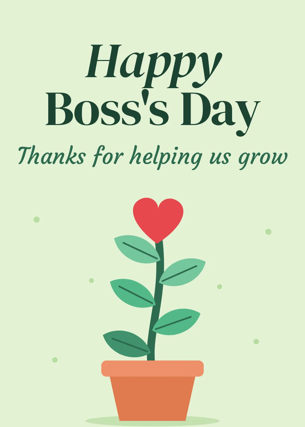 Animated potted plant blooming a red heart flower under Happy Boss's Day Thanks for helping us grow
