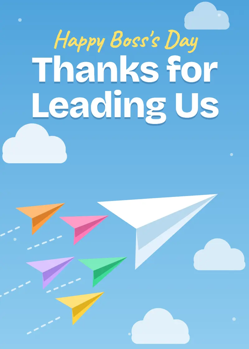 Animated white paper plane leading colorful paper planes across blue sky under Thanks for Leading Us Animated white paper plane leading colorful paper planes across blue sky under Thanks for Leading Us