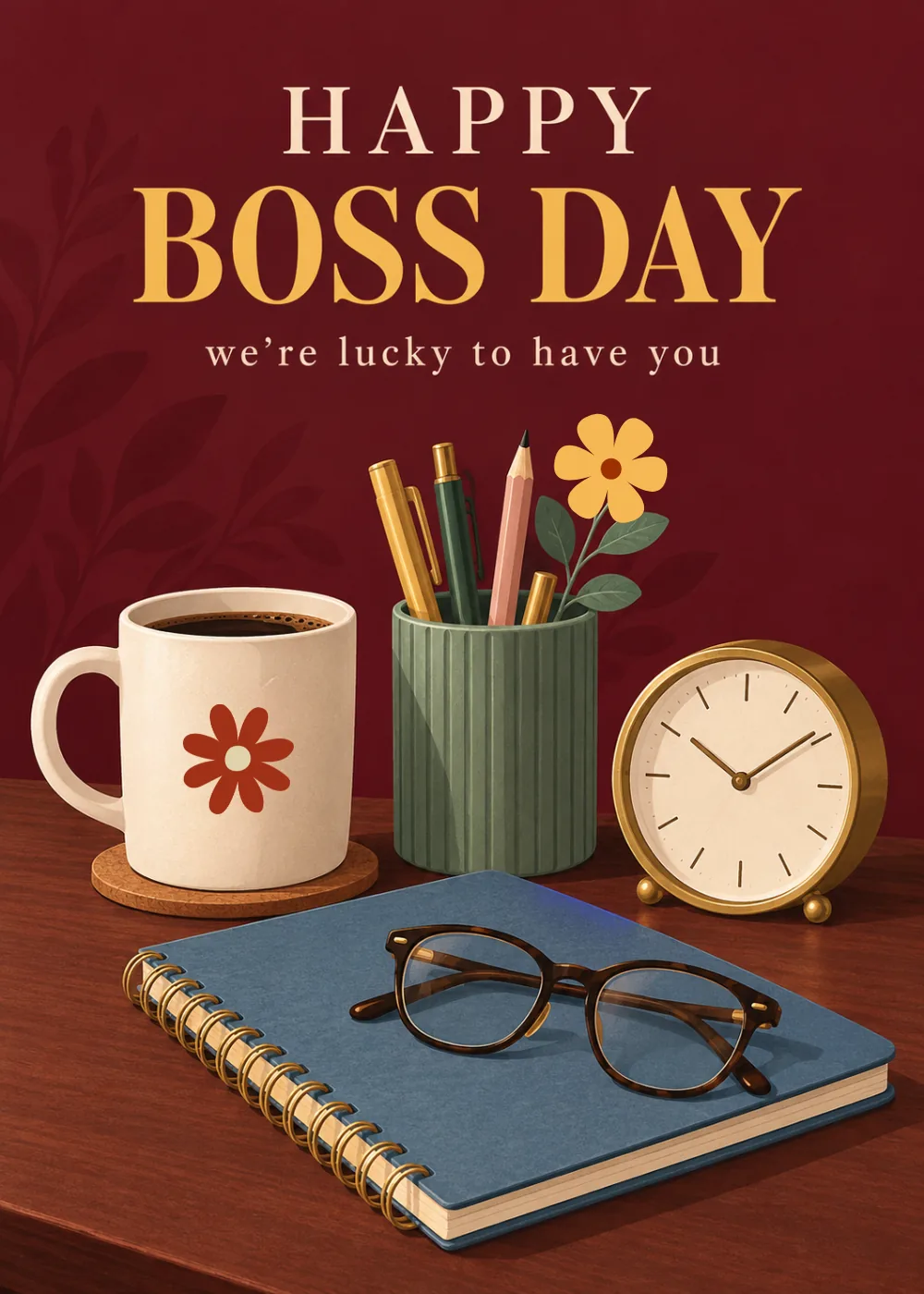 Burgundy Boss's Day card with a coffee mug, pencil cup, clock, glasses and notebook, we're lucky to have you