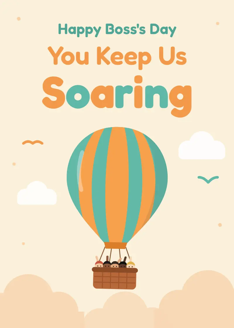 Animated striped orange and teal hot air balloon with a team in the basket under You Keep Us Soaring