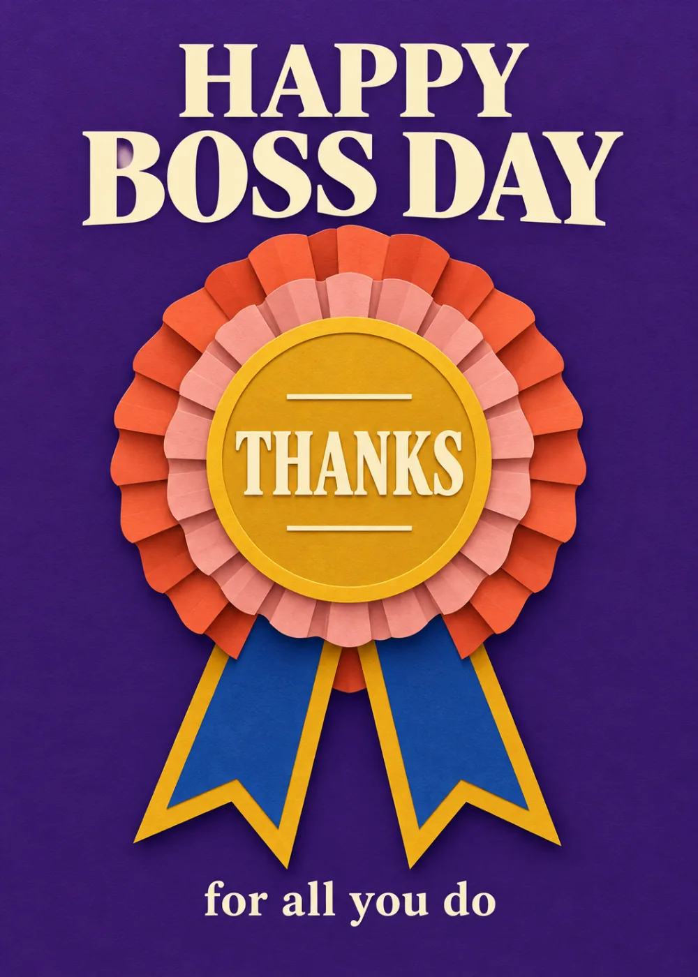 Purple Boss's Day card with a coral rosette, gold THANKS medallion and blue ribbons, for all you do Purple Boss's Day card with a coral rosette, gold THANKS medallion and blue ribbons, for all you do
