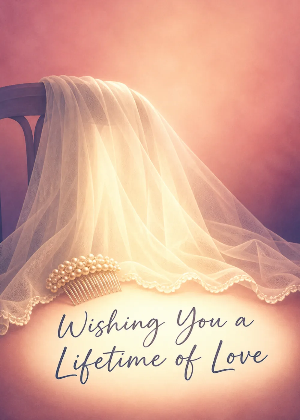 Sheer bridal veil and pearl comb draped over a chair in soft blush light Sheer bridal veil and pearl comb draped over a chair in soft blush light