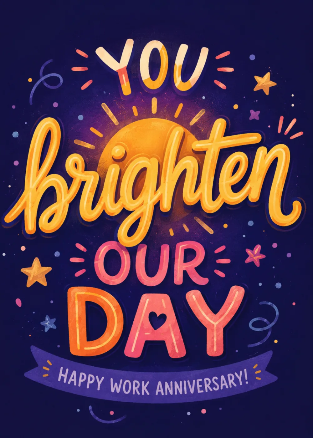 Hand-lettered work anniversary card with a glowing sunburst and scattered stars on deep navy