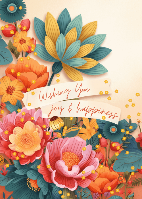 Bold paper craft-style flowers in coral gold and teal with script text Wishing You Joy and Happiness