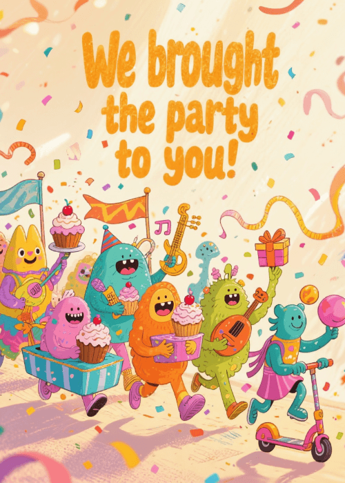 Warm cream card with bold orange text 'We brought the party to you!' above a parade of colourful illustrated monster characters