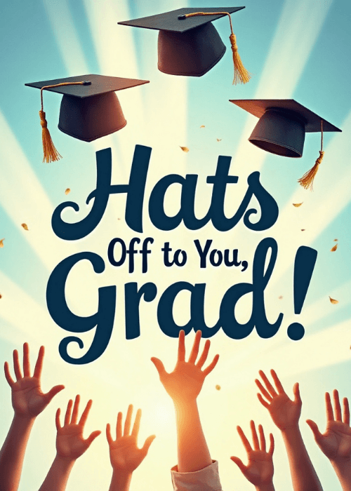 Group graduation card showing three mortarboards tossed into a bright sky with hands raised below and Hats Off to You Grad in bold navy text