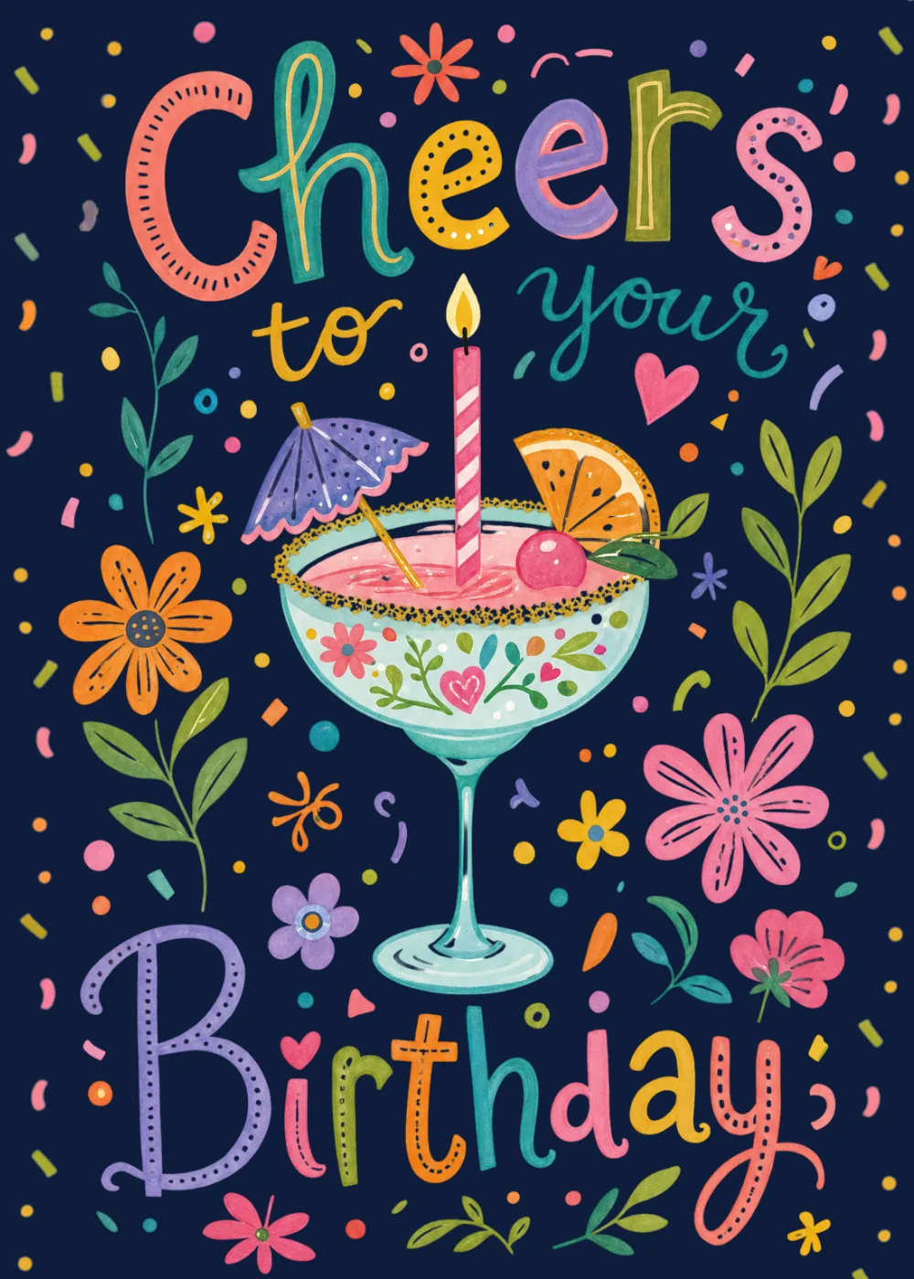 Birthday card with a cocktail coupe topped by a lit candle and confetti on a navy background