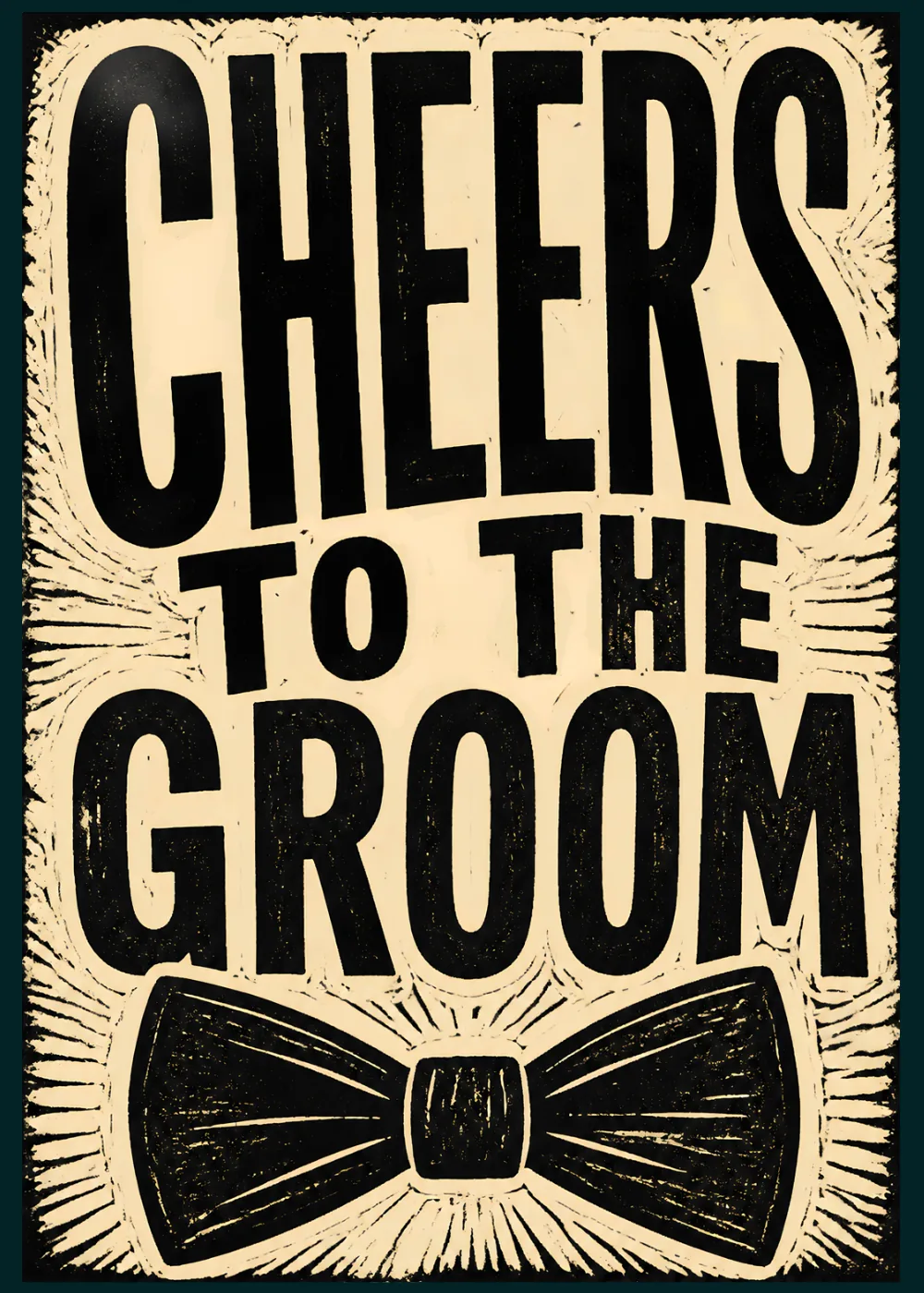 Vintage woodcut style bow tie with bold Cheers To The Groom lettering in charcoal and cream Vintage woodcut style bow tie with bold Cheers To The Groom lettering in charcoal and cream