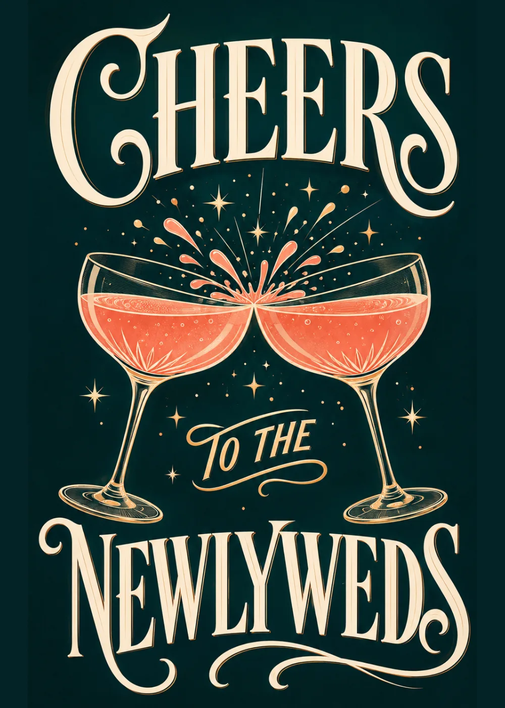 Two champagne coupes clinking with gold stars bursting above, Cheers to the Newlyweds Two champagne coupes clinking with gold stars bursting above, Cheers to the Newlyweds