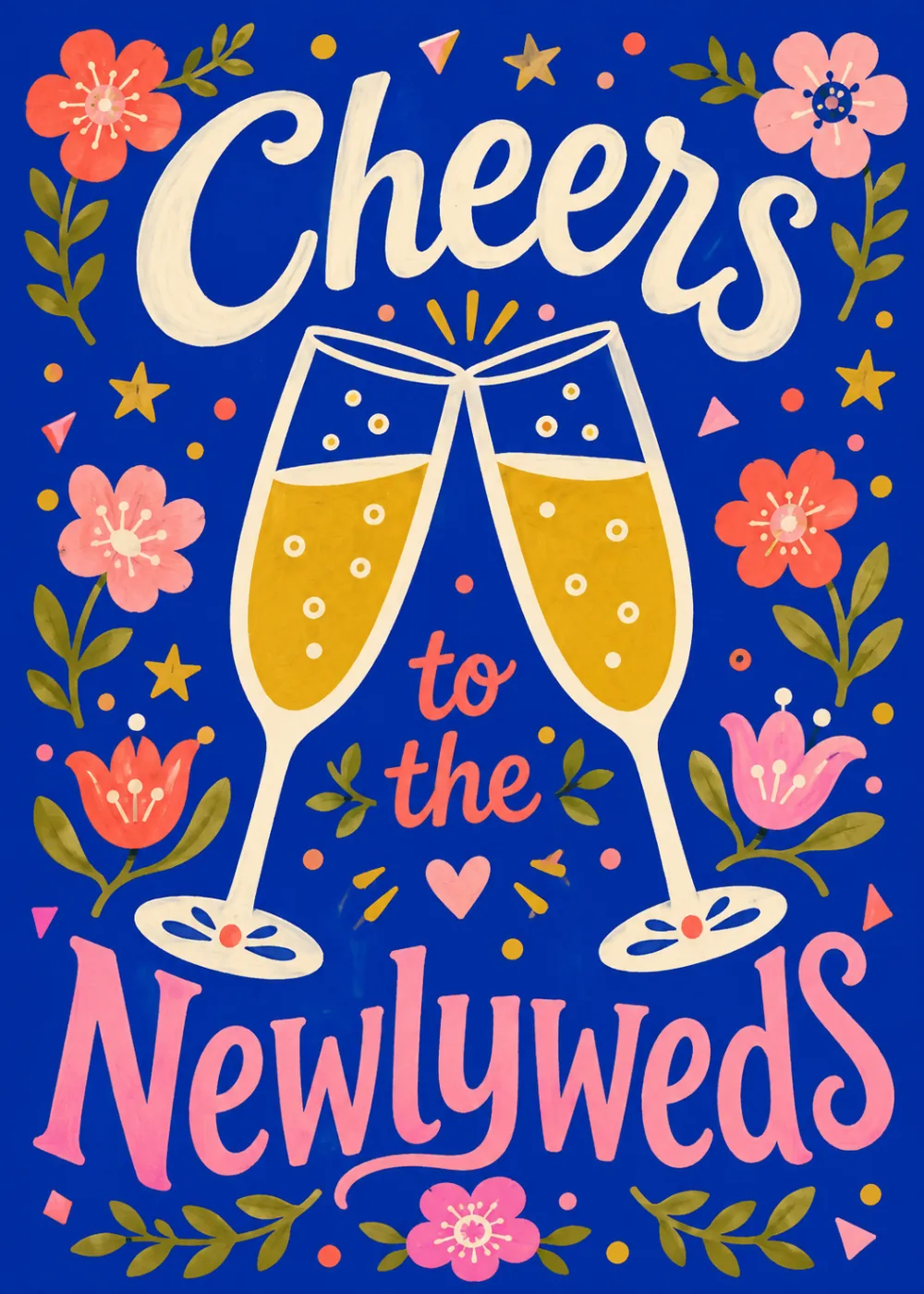 Folk-art champagne toast with bold pink lettering celebrating the newlyweds on a royal blue background Folk-art champagne toast with bold pink lettering celebrating the newlyweds on a royal blue background
