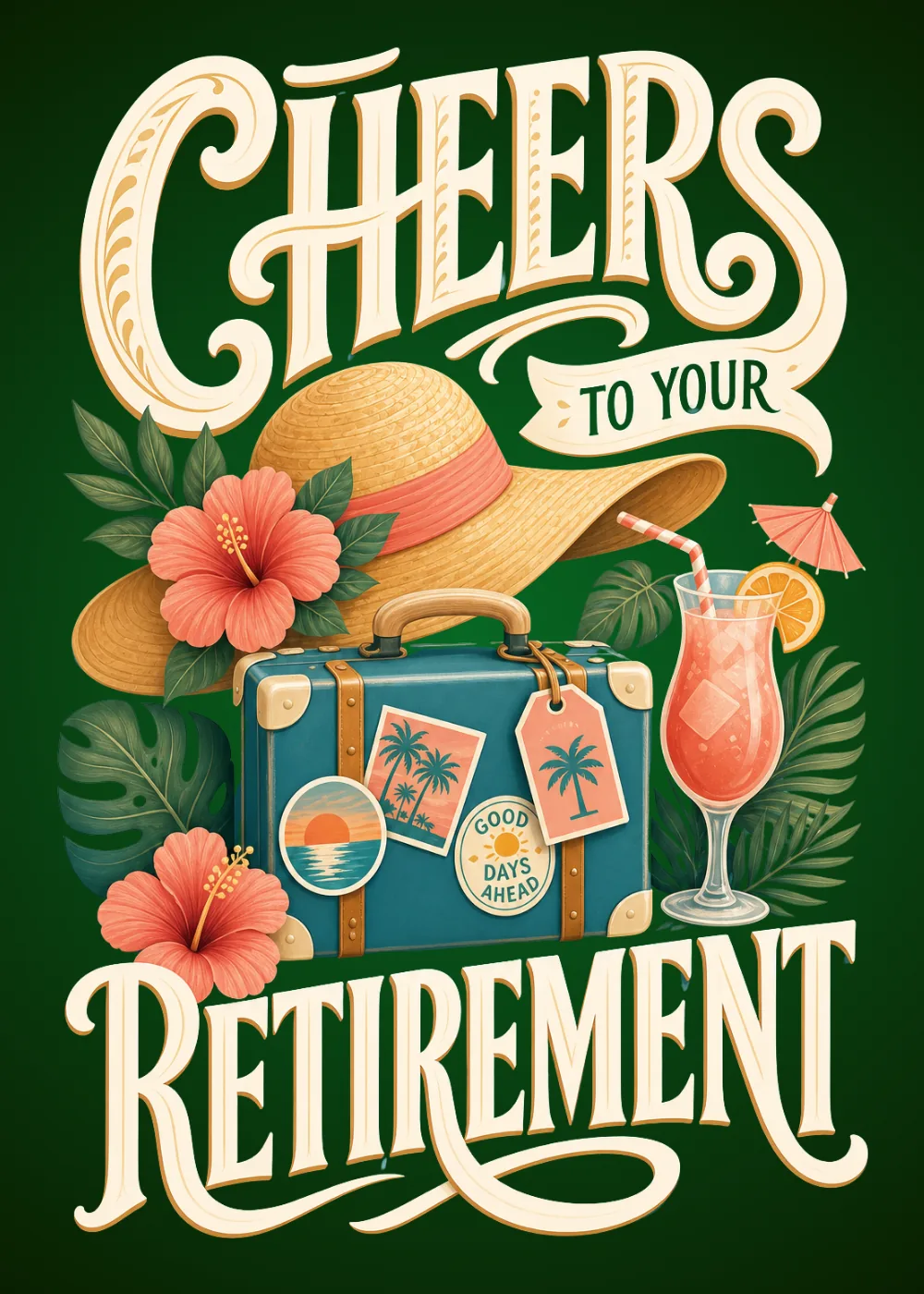 Sun hat, suitcase with travel stickers and a tropical cocktail under Cheers To Your Retirement