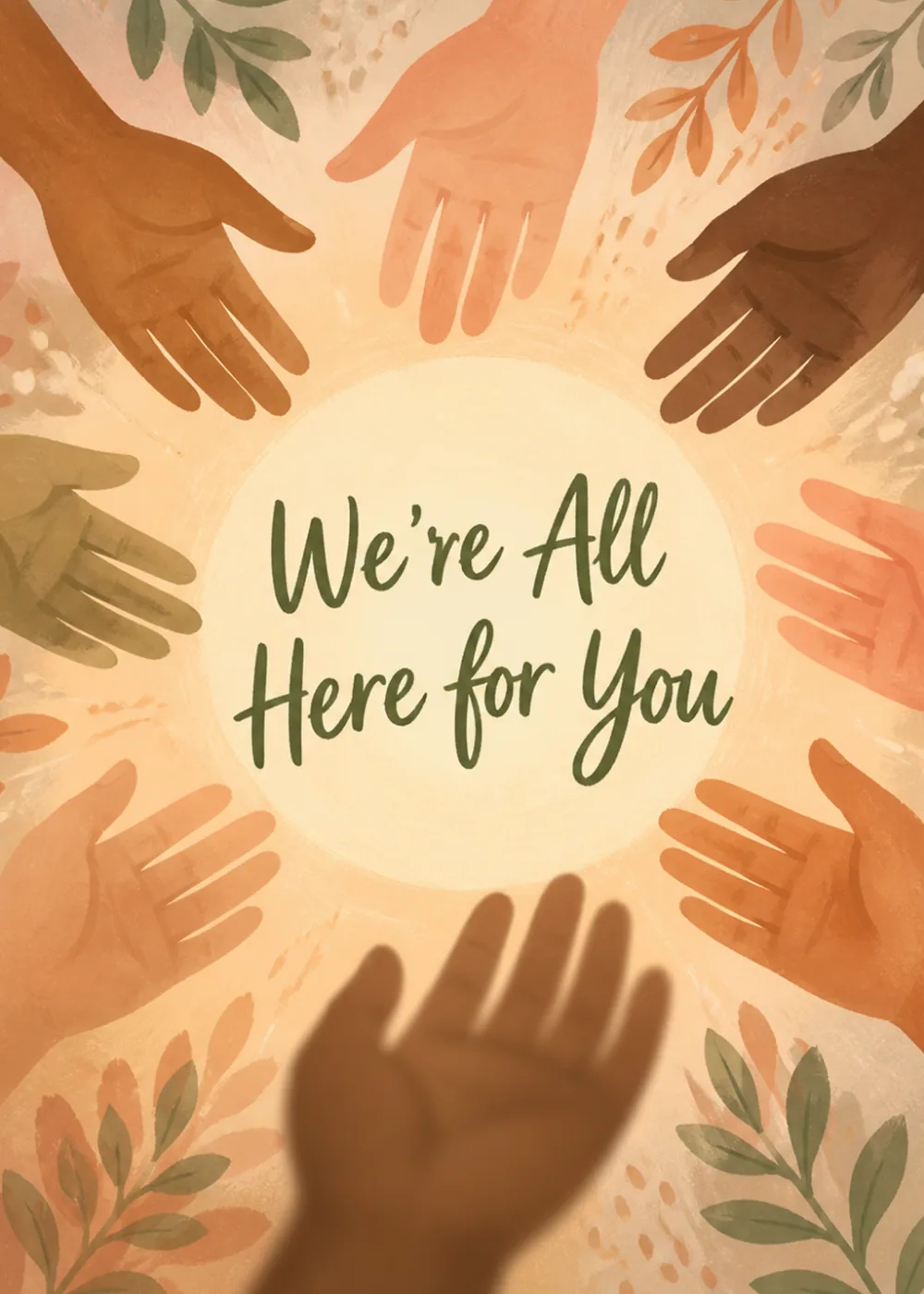 Circle of diverse illustrated hands reaching toward a warm glowing center with soft leaf accents