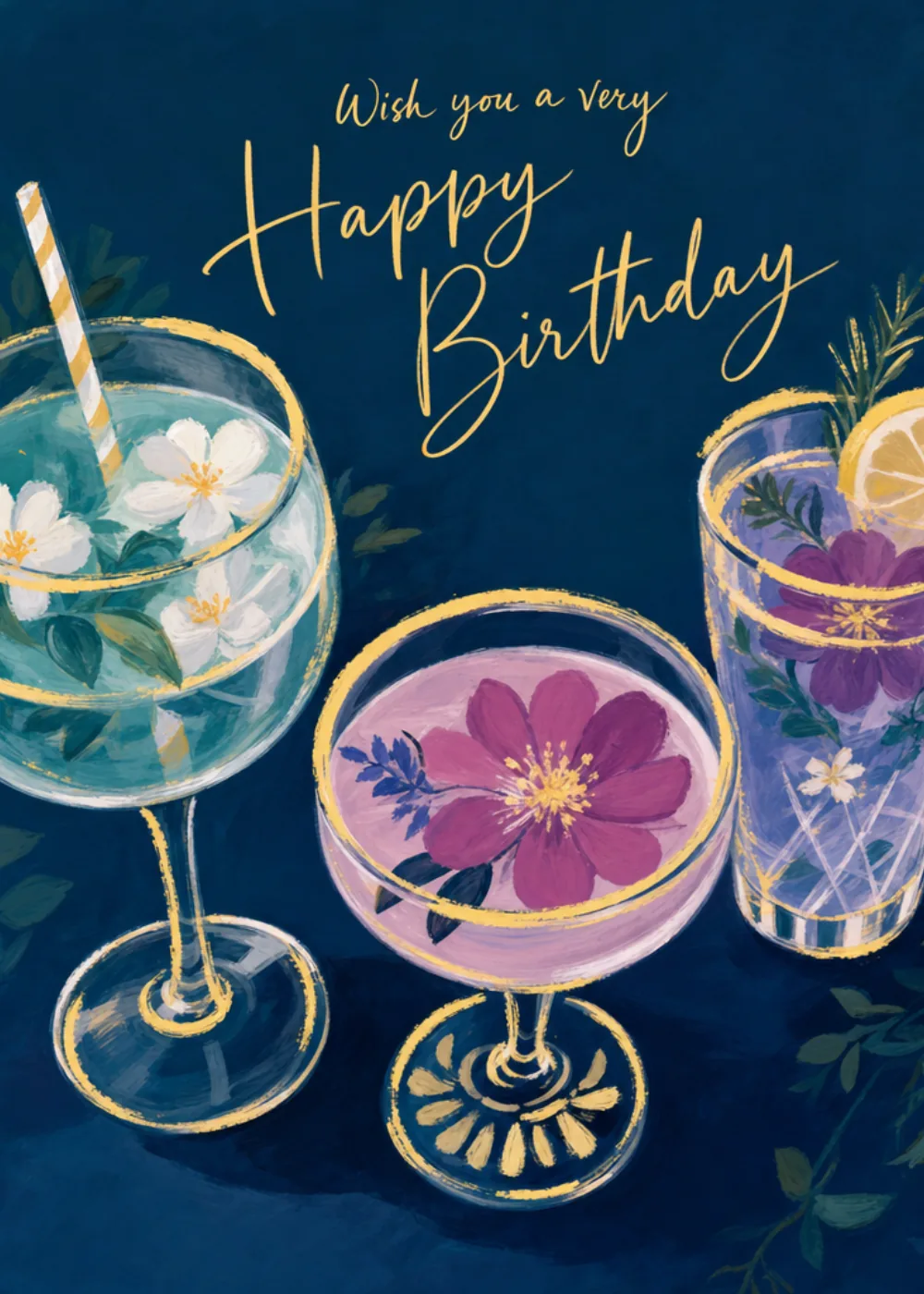 Navy card with illustrated cocktail glasses and happy birthday wishes
