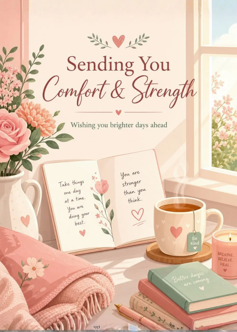 Cozy sunlit window scene with roses, tea, books and a pink blanket reading Sending You Comfort and Strength
