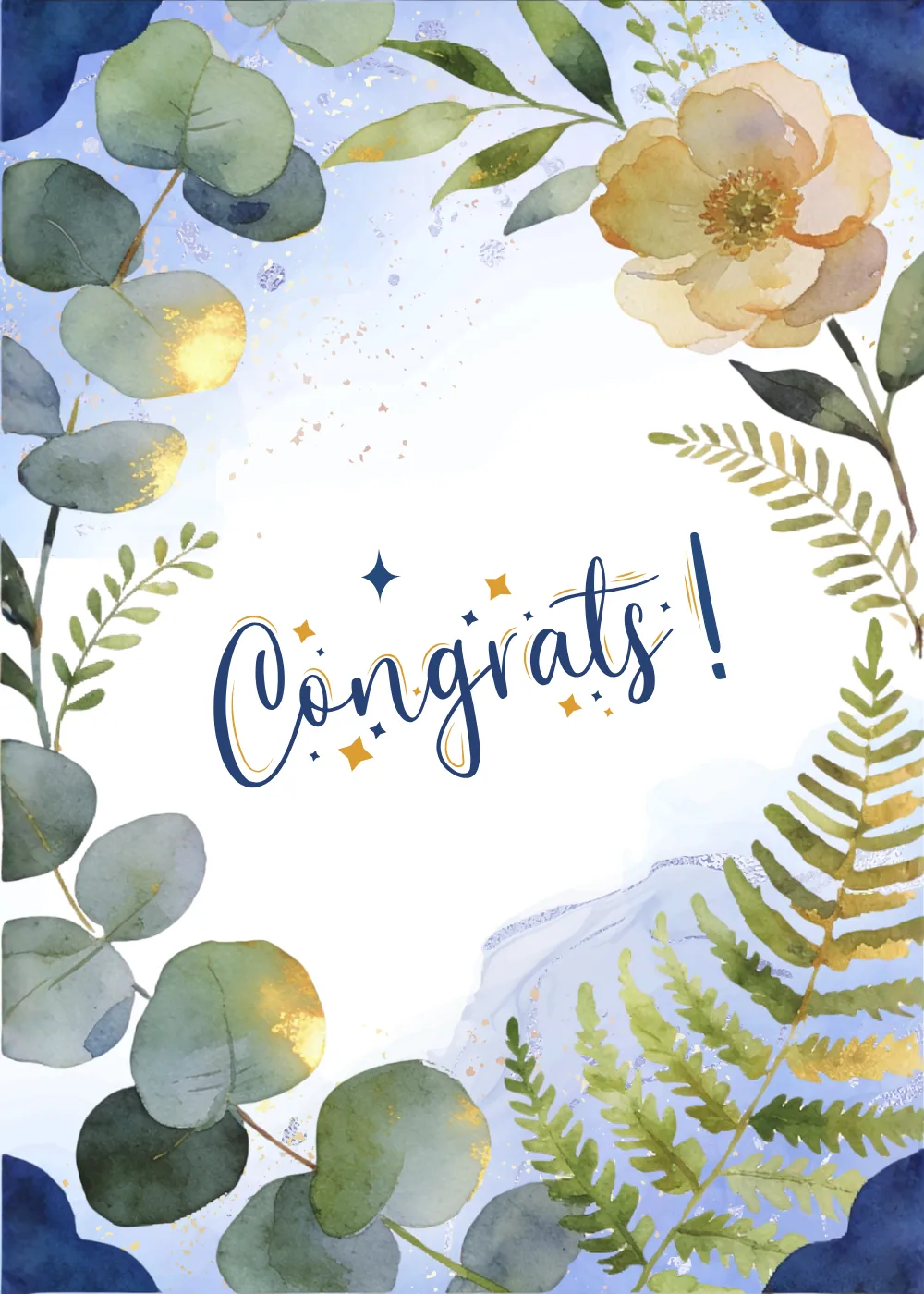 Eucalyptus wreath with gold sparkles on a bright Congrats congratulations card