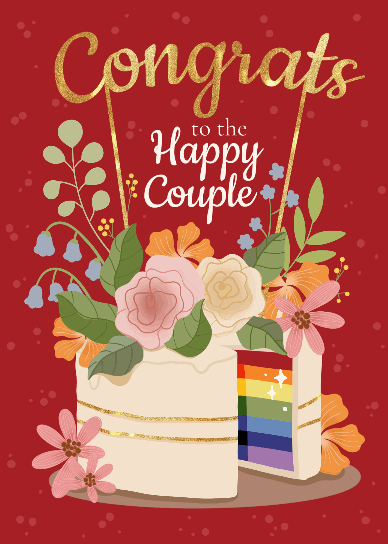 Red wedding card with a tiered cake and rainbow flag topper surrounded by flowers