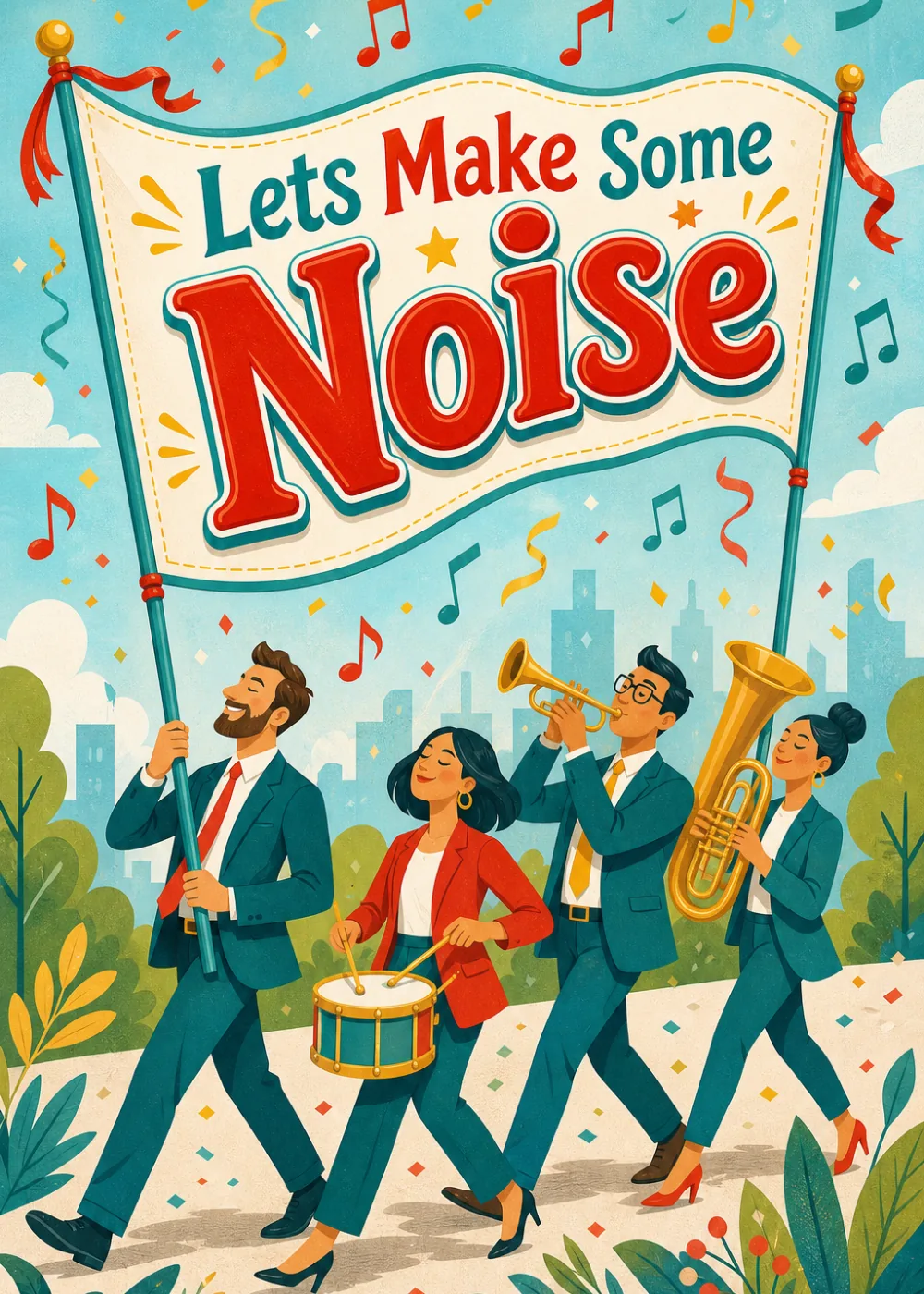 Coworkers in suits marching with band instruments and confetti under a city skyline Coworkers in suits marching with band instruments and confetti under a city skyline