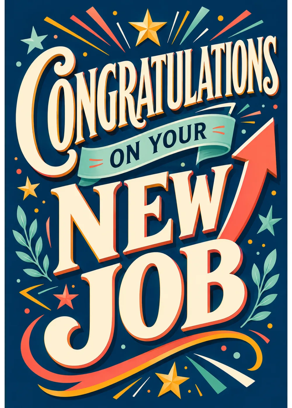 Bold retro Congratulations On Your New Job lettering with an upward arrow and stars on navy