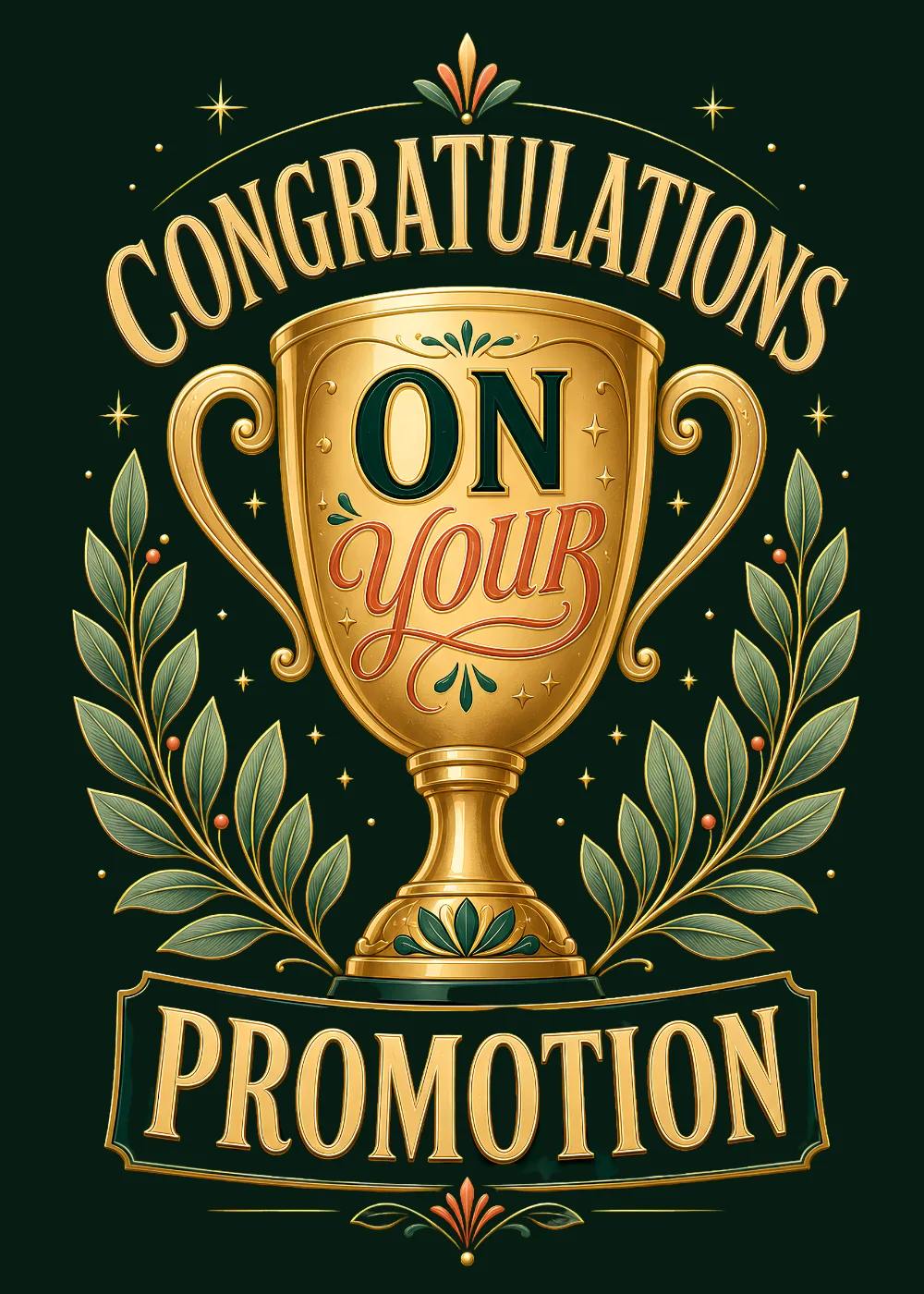 Ornate gold trophy framed by laurel leaves above a Promotion banner on deep green
