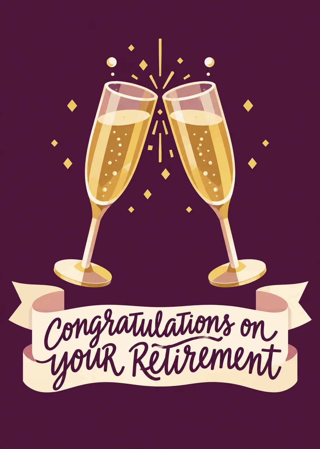 Congratulations on your retirement card with two clinking champagne flutes, gold sparkles on plum, script ribbon banner