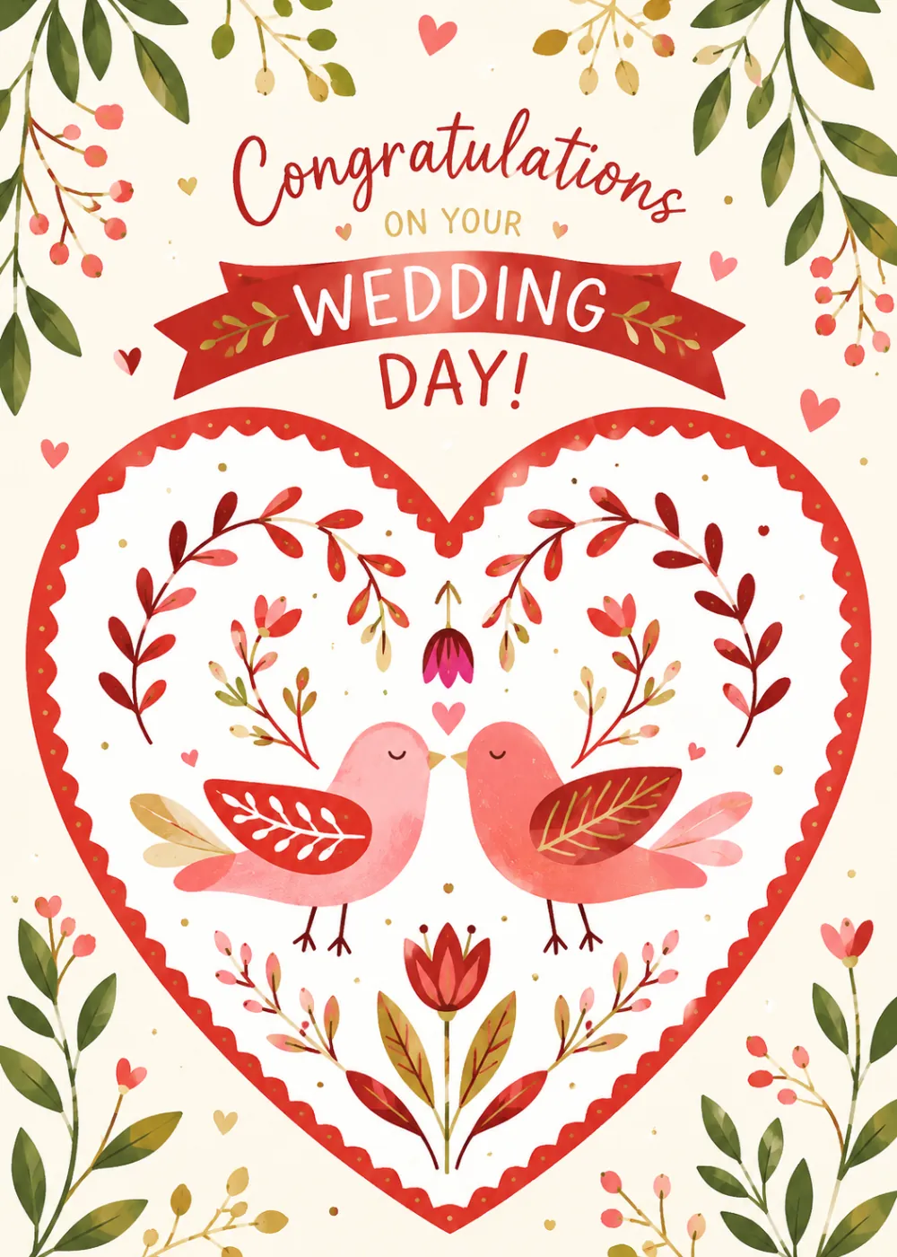 Wedding day card with two illustrated lovebirds in an ornate floral heart and Congratulations on Your Wedding Day banner