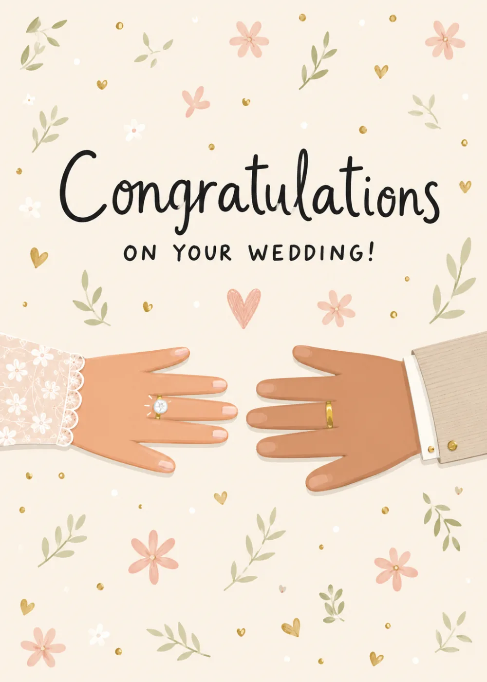 Two hands wearing wedding rings reaching together among blush flowers on a wedding card