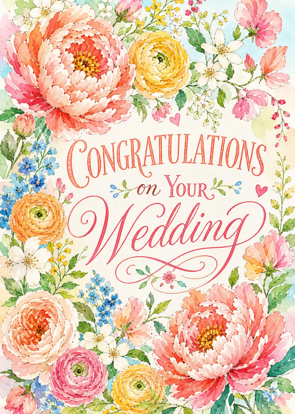 Watercolor peonies and ranunculus framing Congratulations On Your Wedding script on cream